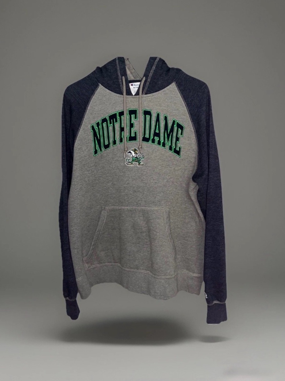 Champion Gray & Navy Hoodie with Green Embroidered Accent